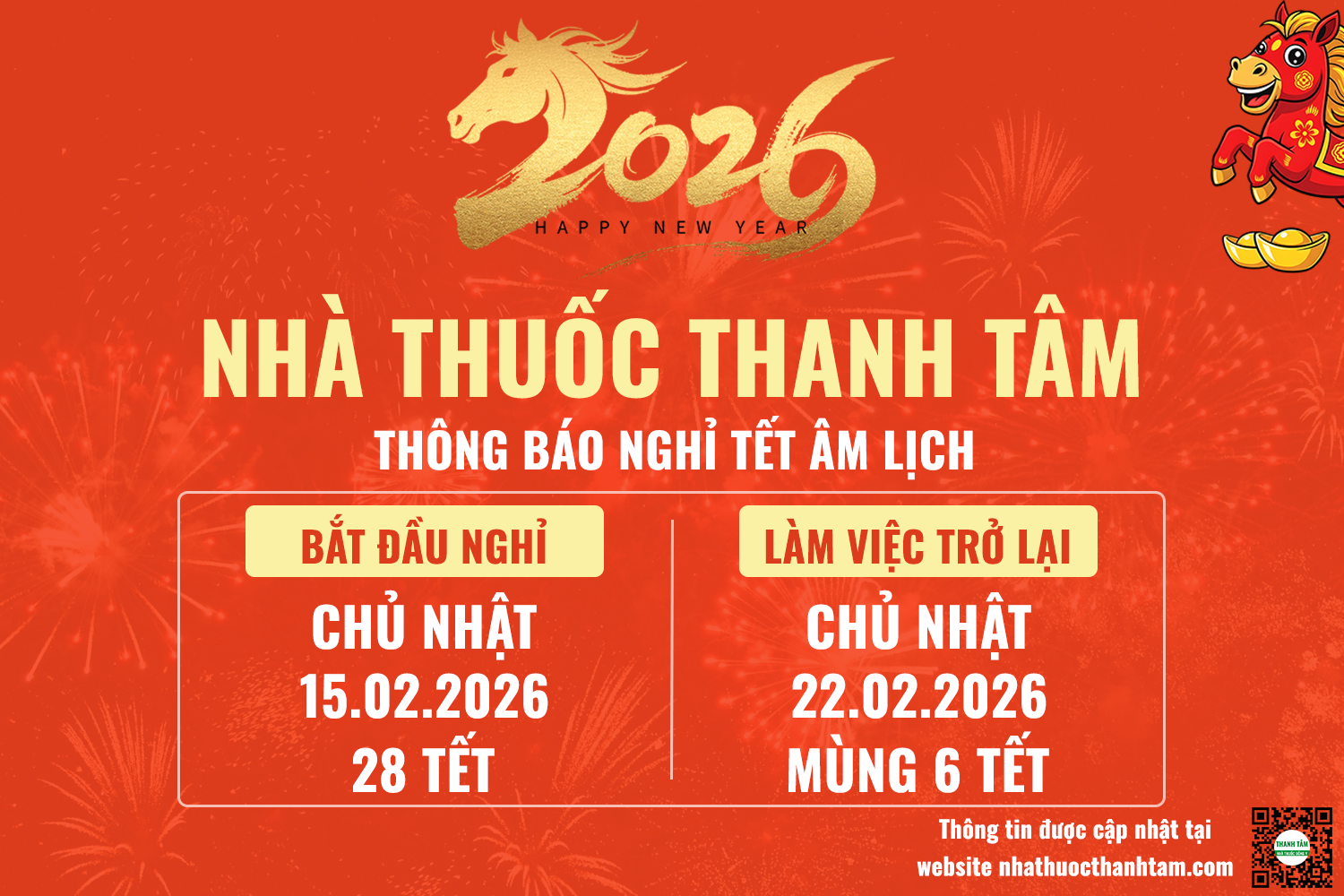 Thông báo nghỉ Tết Âm lịch - Tết Nguyên Đán 2026 | Nhà thuốc Thanh Tâm