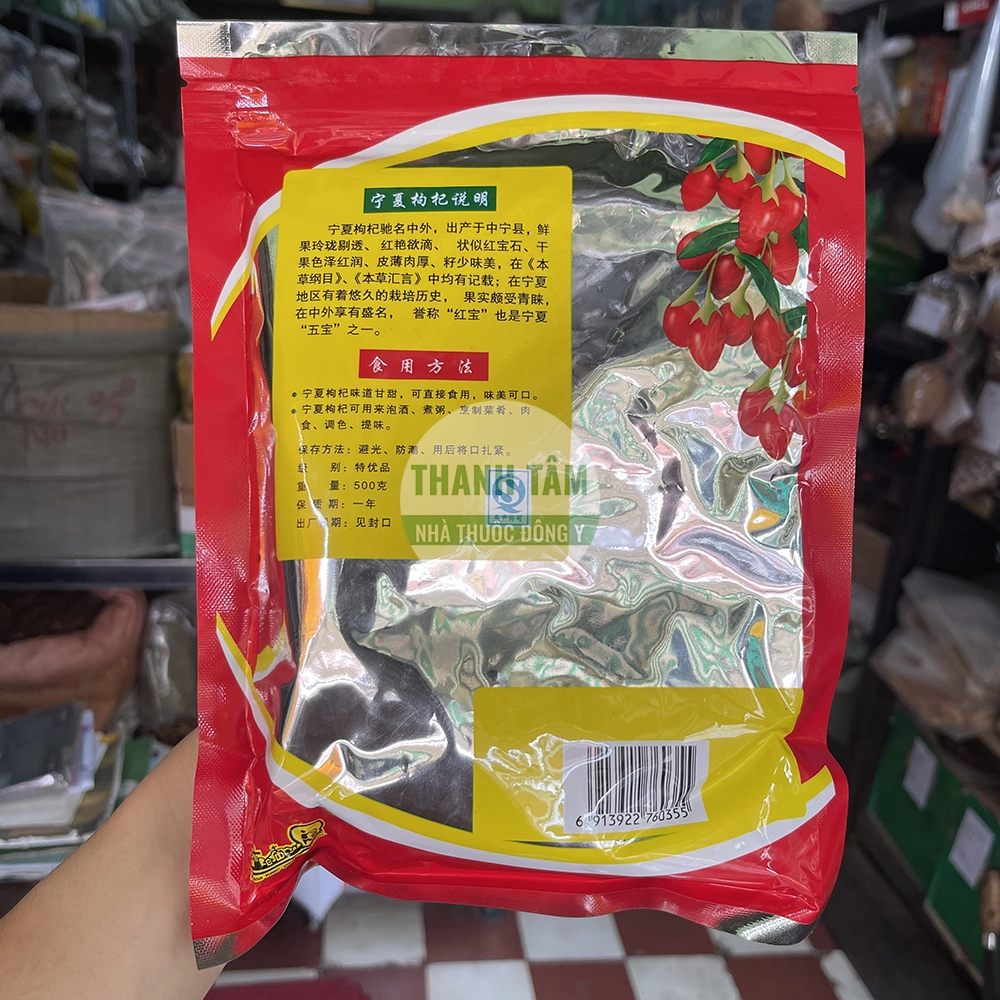 Câu kỷ tử ngọt gói đỏ 500g mặt sau | Cửa Hàng Dược Liệu Thanh Tâm