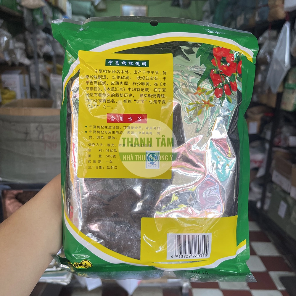 Câu kỷ tử ngọt gói xanh 500g mặt sau | Cửa Hàng Dược Liệu Thanh Tâm